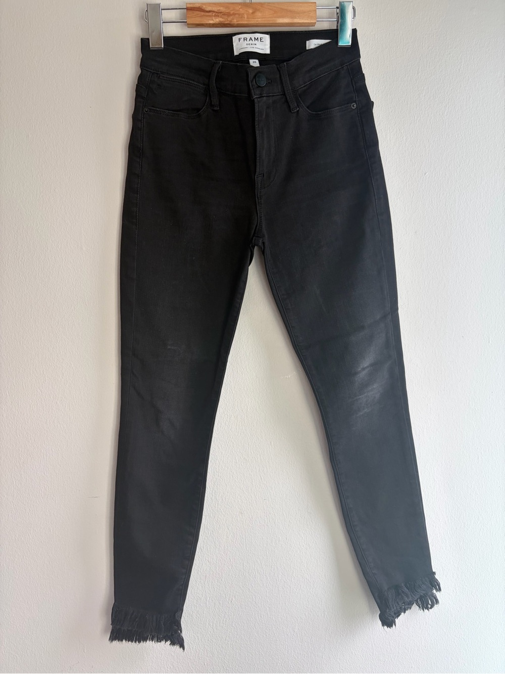 Frame Denim Black Skinny Jeans with Frayed Ankles